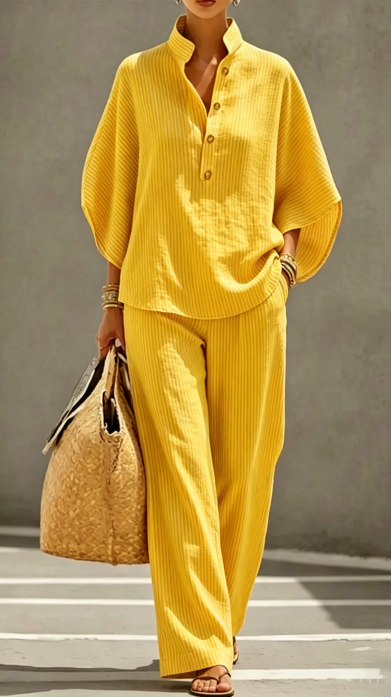 Women's Striped Linen-Cotton Batwing Sleeve Two-Piece Set - Nordfashionstorm - Women's Clothing, Fashion for You - Nordfashionstorm.com