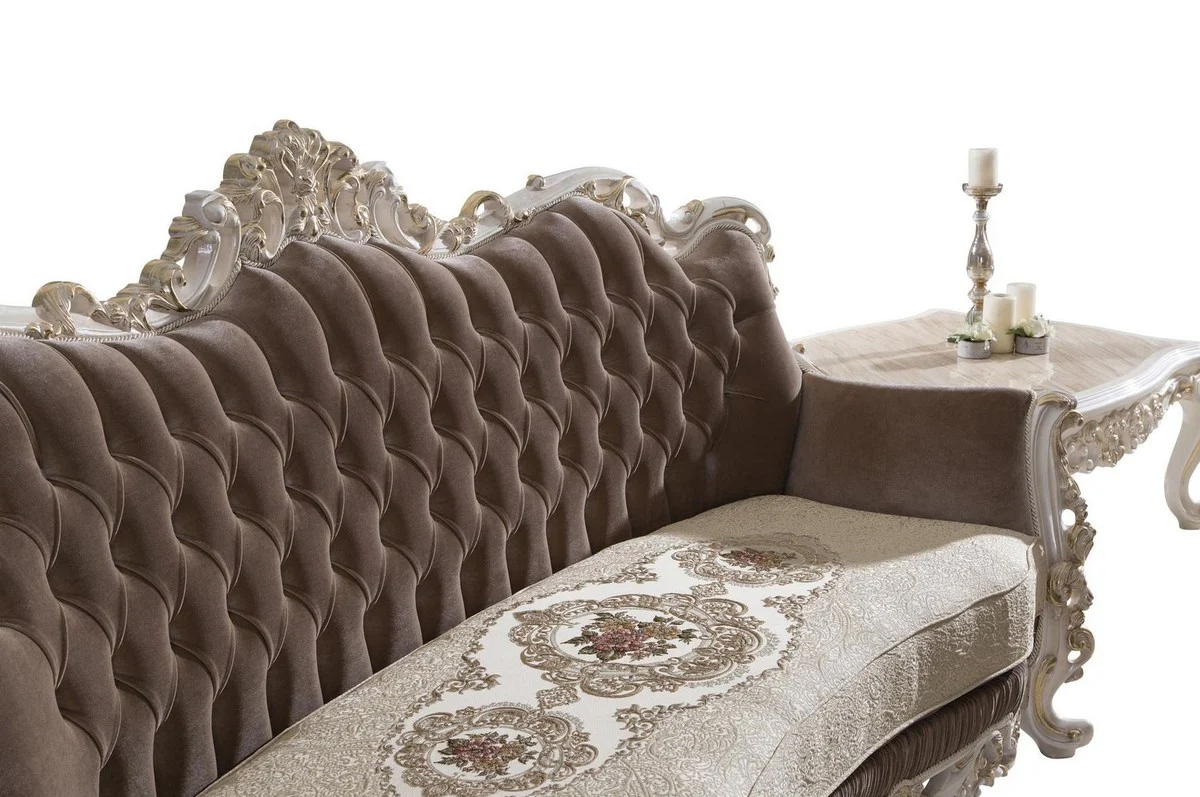 Luxury baroque living room sofa with decorative pillows brown / beige / white / gold 240 x 90 x H. 120 cm - Noble baroque living room furniture