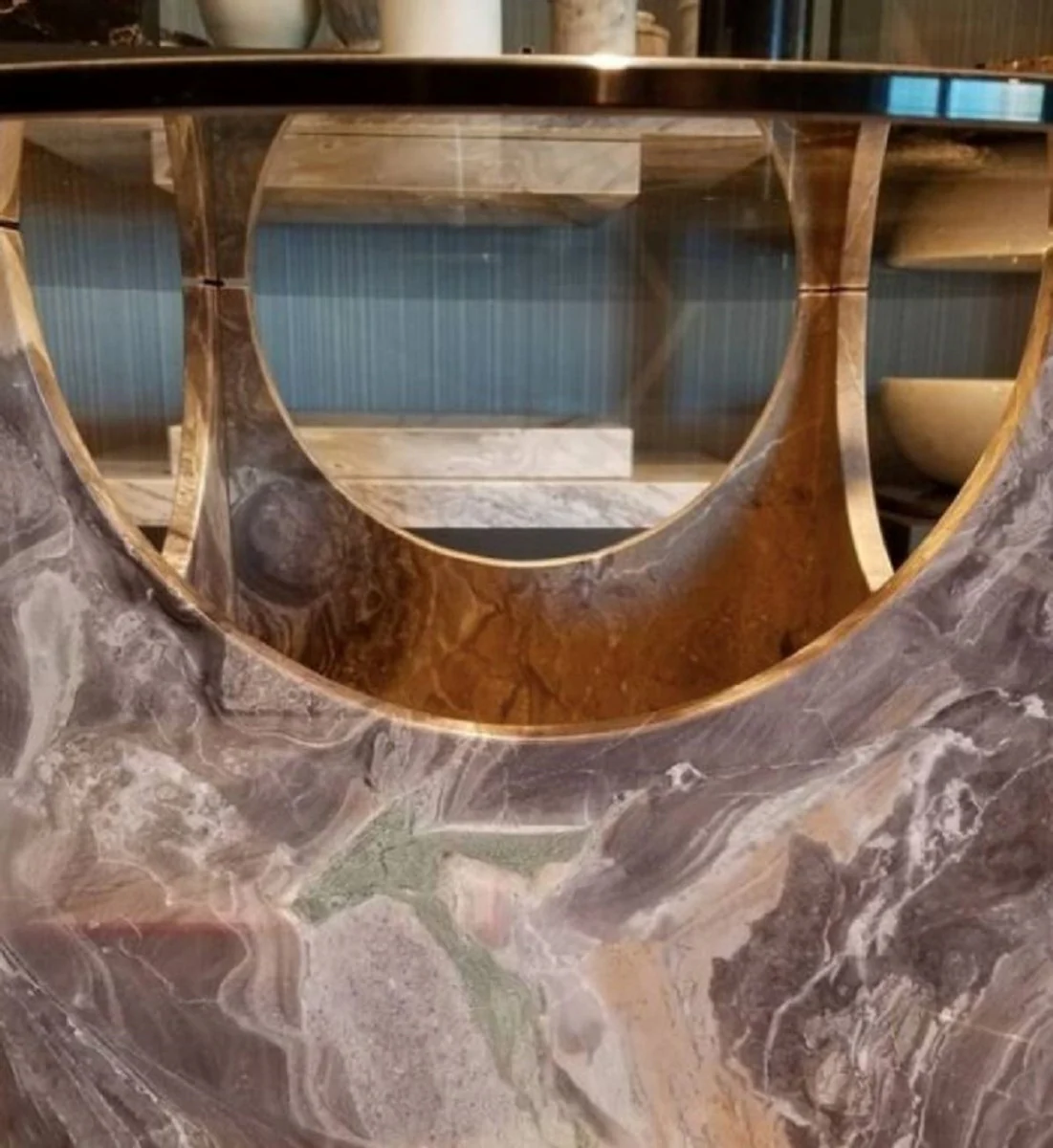 Luxury marble coffee table with glass top gray / bronze color Ø 90 x H. 43 cm - Round living room table made of high-quality marble - Luxury living room furniture
