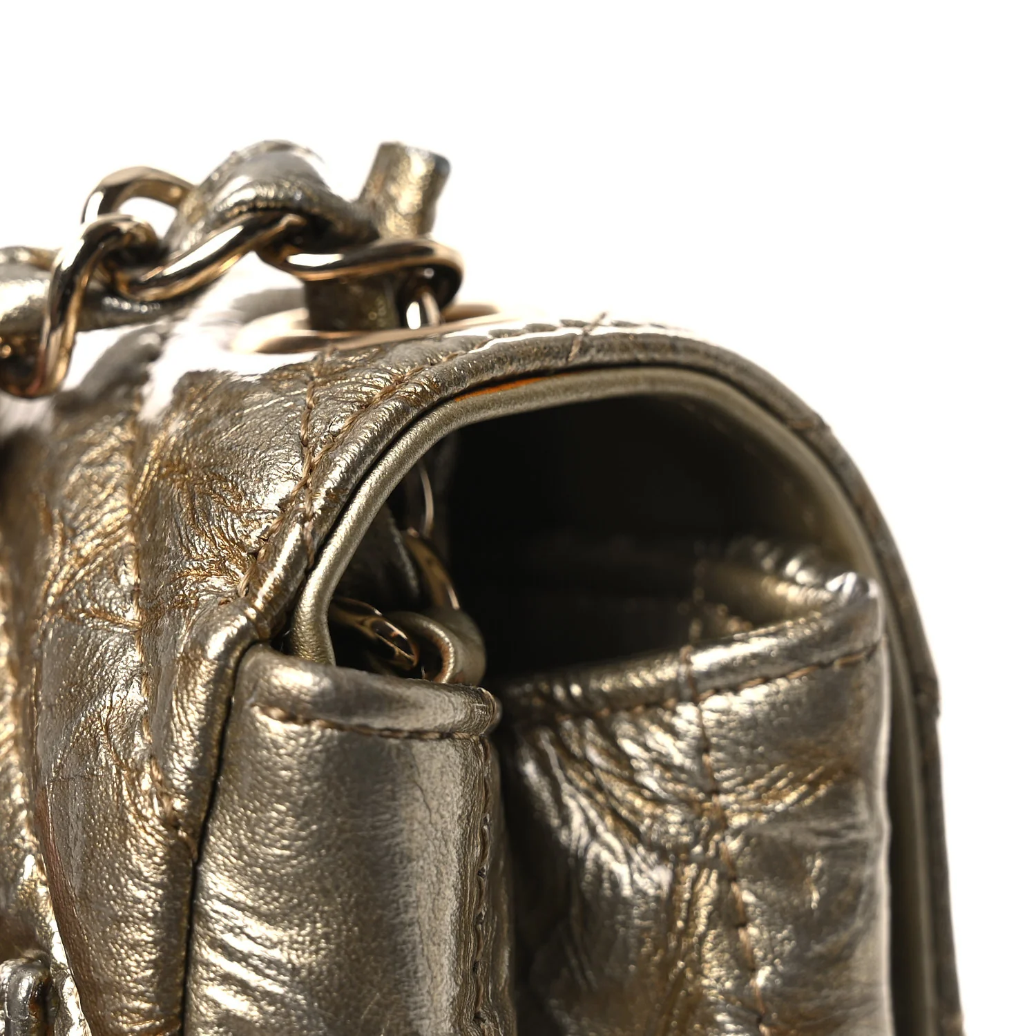 Metallic Crumpled Calfskin Chevron Quilted Mini Square Flap Gold - Top Club