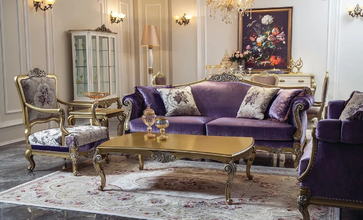 Luxury baroque living room set purple / gold / silver - 2 baroque sofas & 2 baroque armchairs & 1 baroque coffee table - living room furniture in baroque style - baroque furniture - baroque furnishings