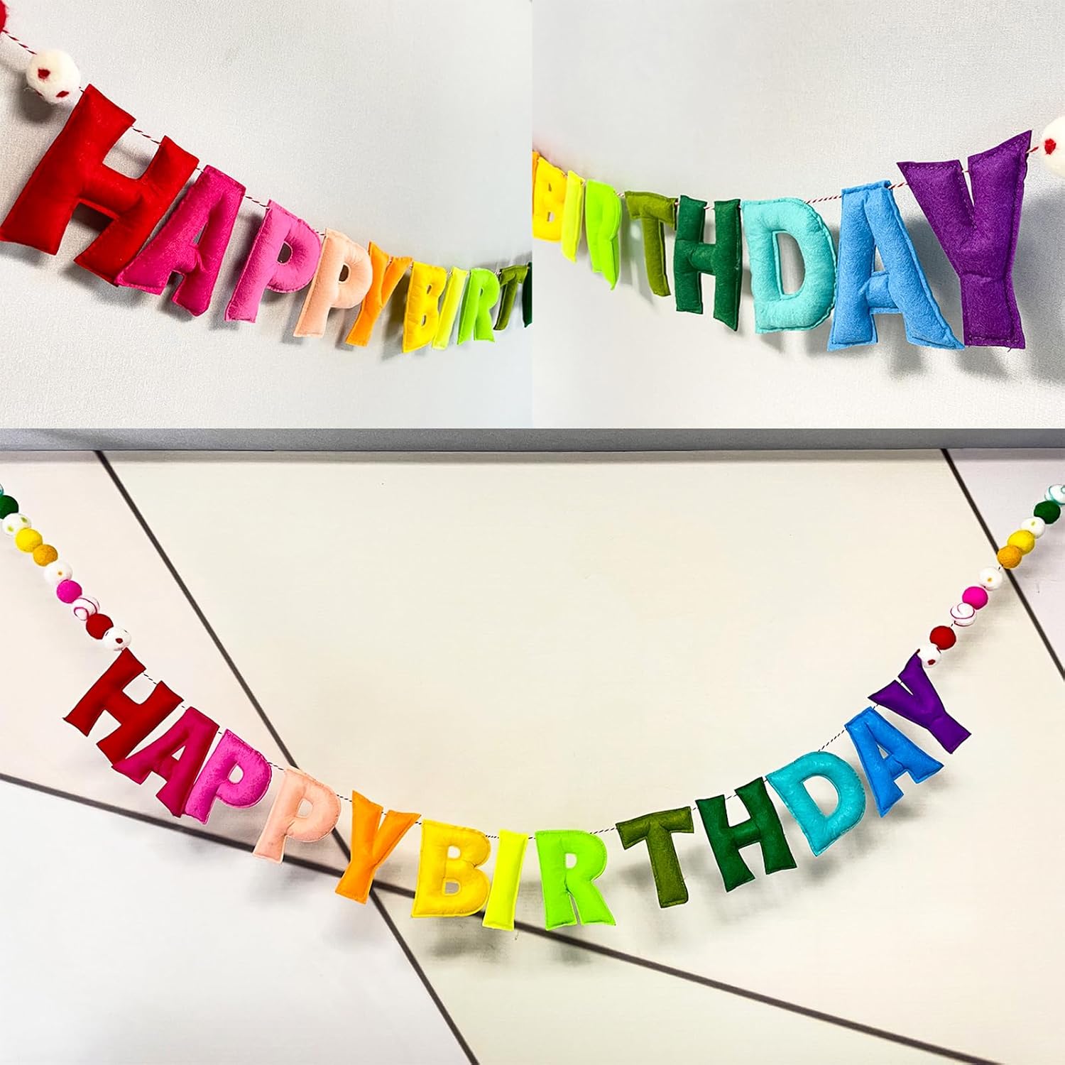 Pre-Strung Reusable Handmade Adjustable Distance Happy Birthday Felt Ball Banner Garland Rainbow Design for Kids Room Holiday