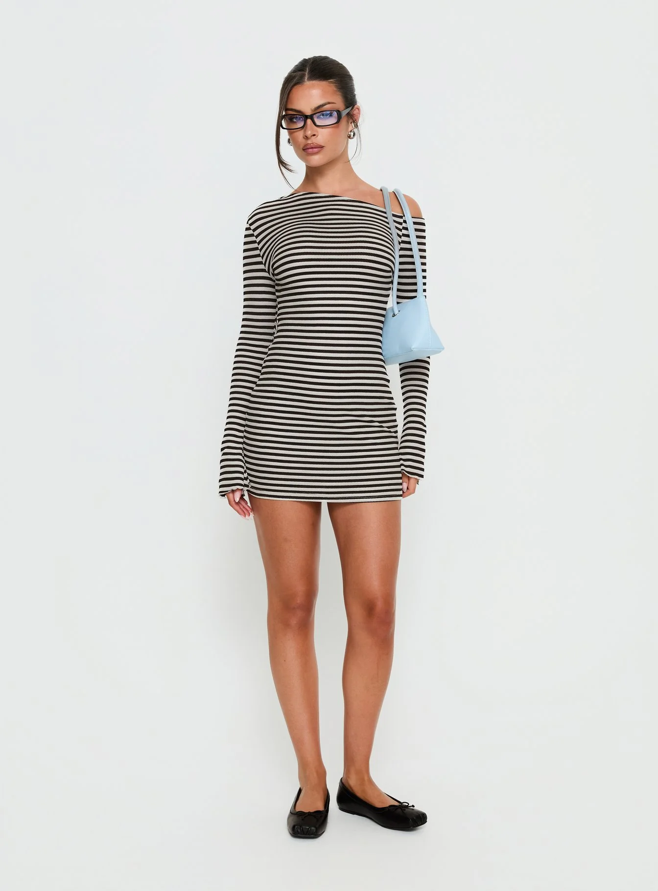 Journi Off Shoulder Long Sleeve Mini Dress Black / White Stripe