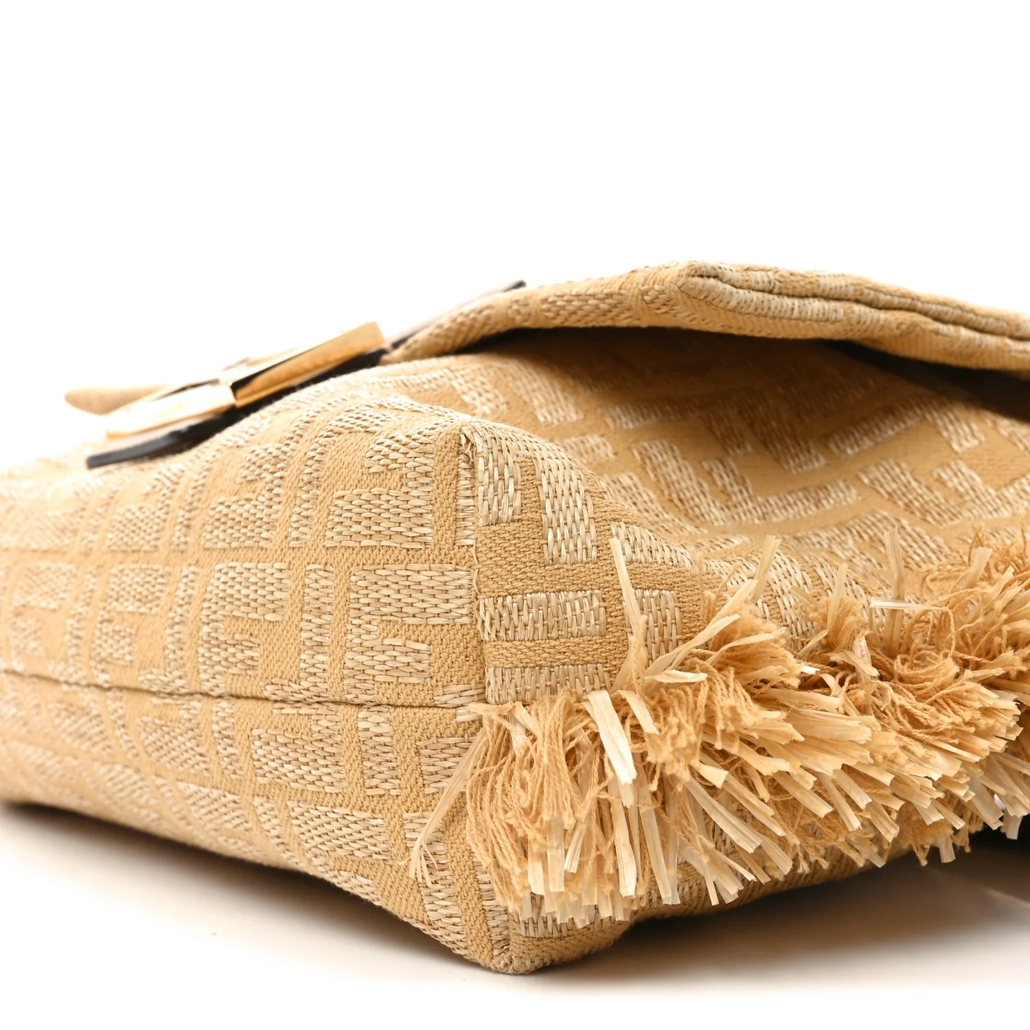 Fabric Jacquard Raffia Straw Fringe Medium Mamma Baguette Beige - Top Club