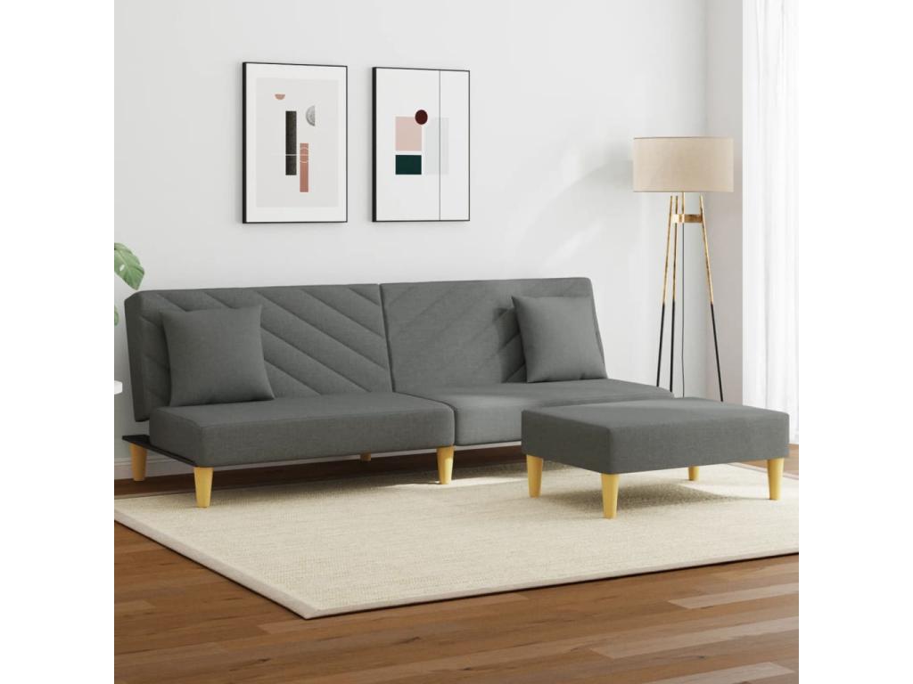 Sofá cama de 2 plazas con almohadas y taburete tela gris oscuro