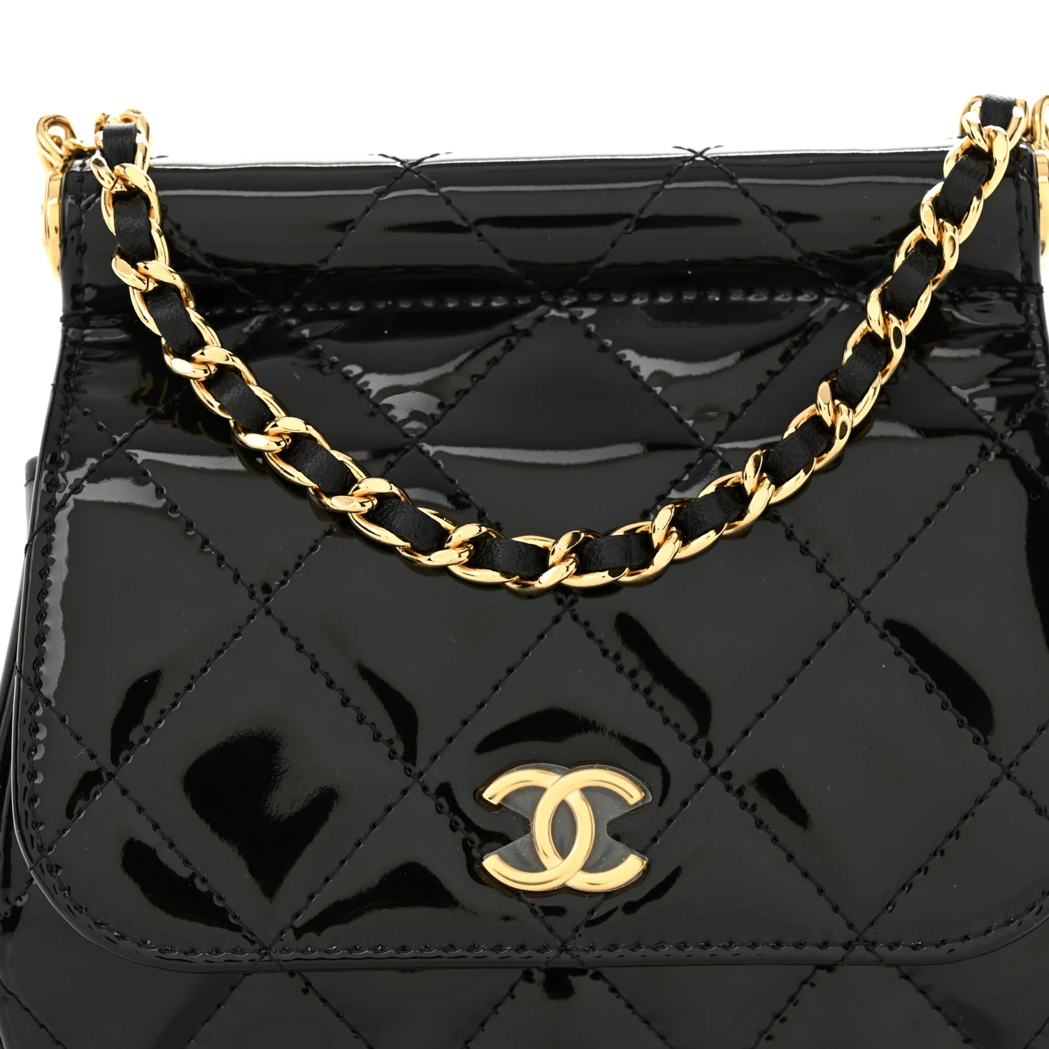 Patent Quilted Frame Clutch Flap With Chain Black - Top Club
