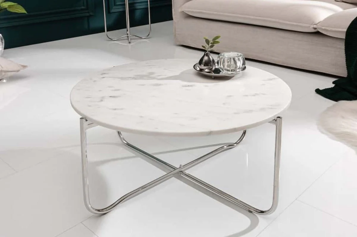 Coffee table with marble top white / silver Ø 62 cm - living room furniture