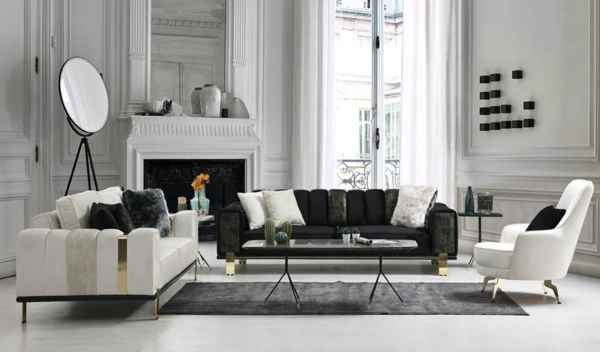 Luxury living room sofa with adjustable backrest white / gray / gold 223 x 93 x H. 76 cm - living room furniture - luxury furniture