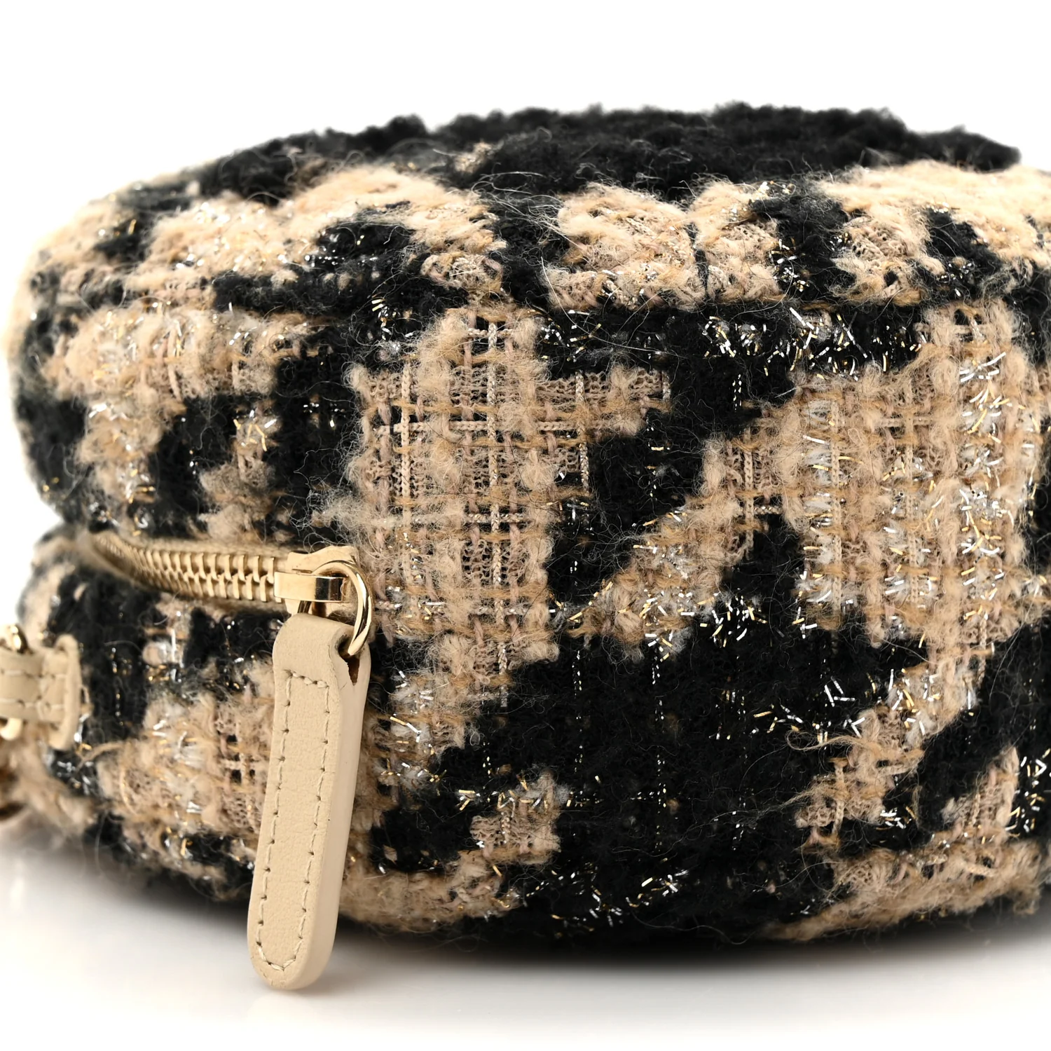 Tweed Shearling Round Clutch With Chain and Coin Purse Beige Black - Top Club