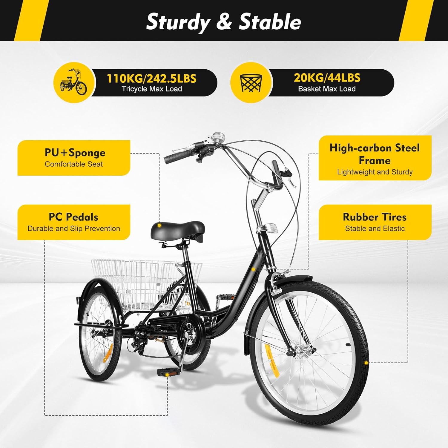 Triciclo da 20 pollici, a 8 marce, 3 ruote, unisex, per adulti, velocità Tricycle, triciclo per anziani, in acciaio al carbonio, con cestino per la spesa Tricycle (nero)