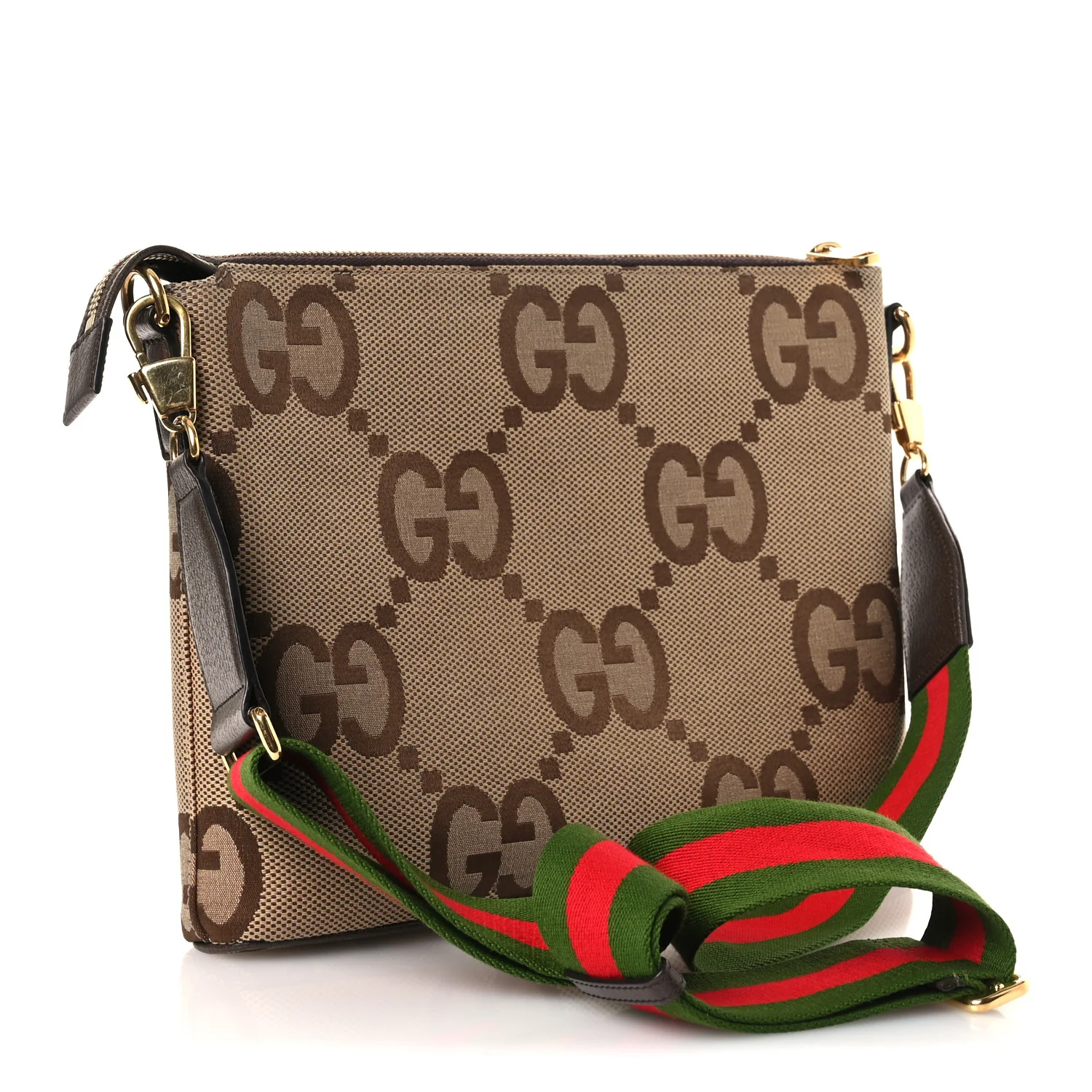 Monogram Jumbo GG Textured Dollar Calfskin Web Wristlet Messenger Bag Camel Ebony New Acero