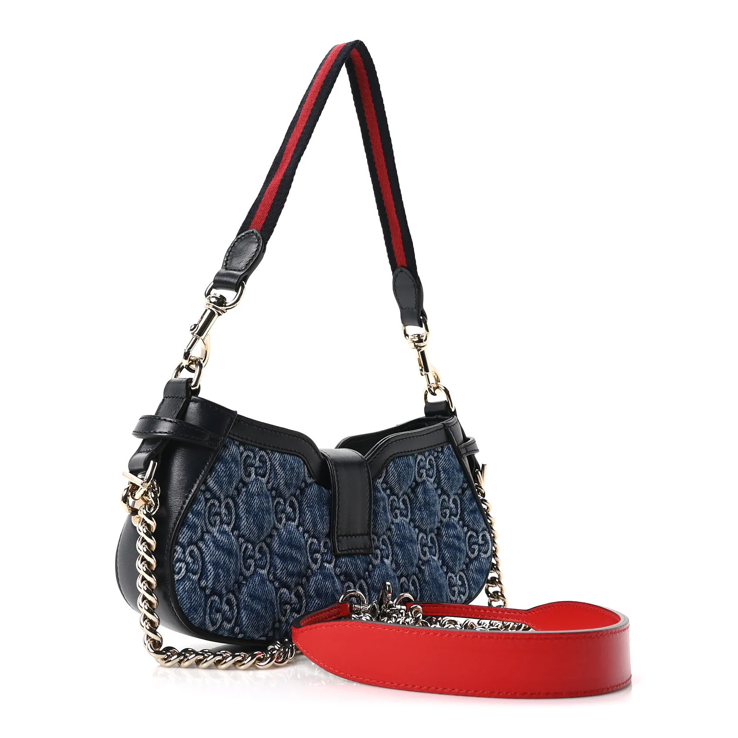 Denim GG Monogram Mini Moon Side Shoulder Bag Blue
