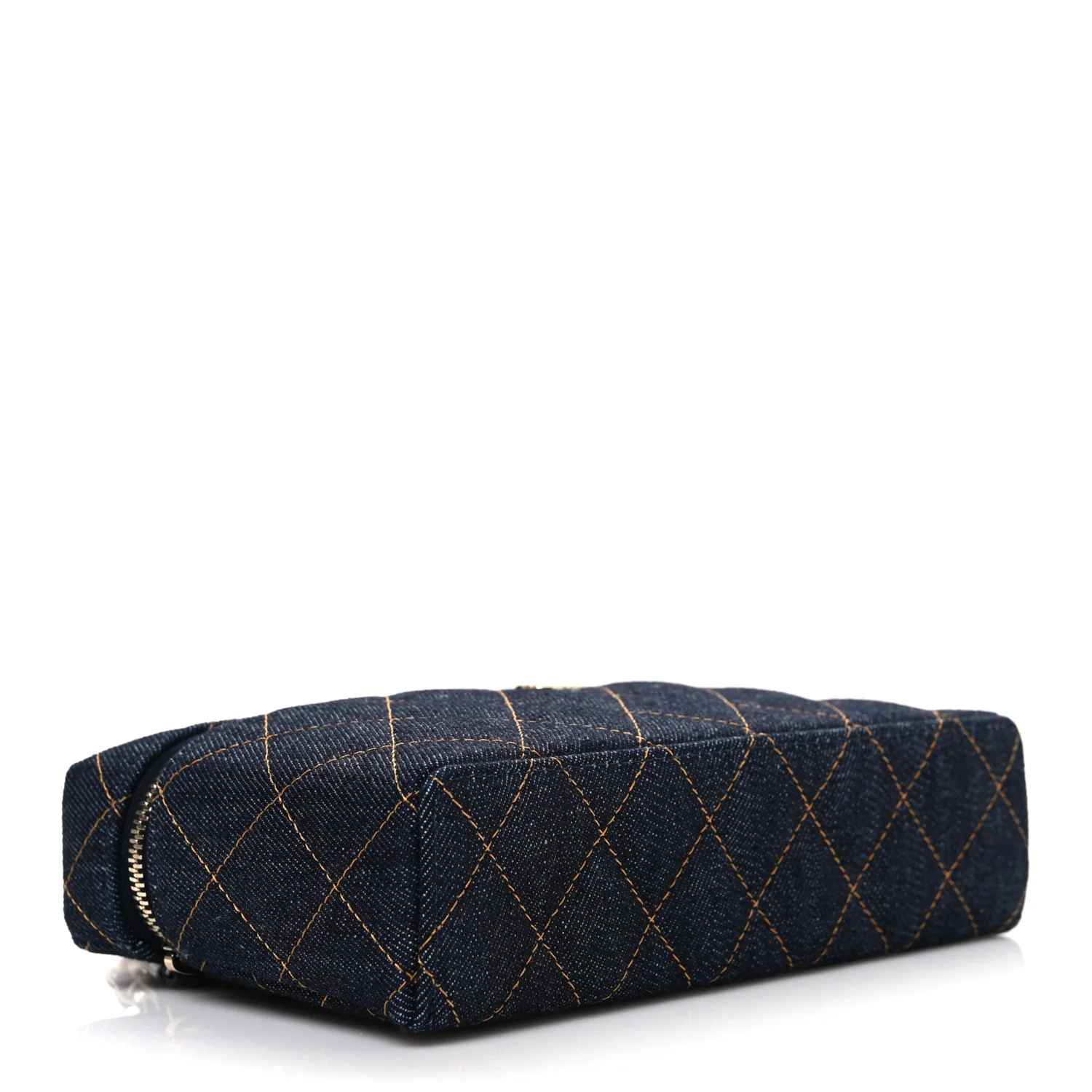 Denim Quilted Top Handle Slim Vanity Case With Chain Dark Blue Orange - Top Club