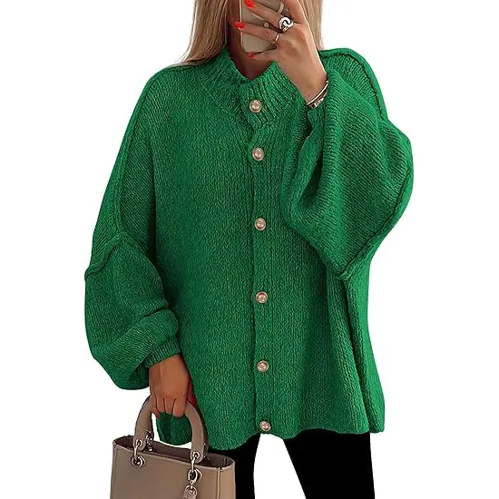 PrettyGarden Women's Winter Button Down Cardigan Sweaters Mock Neck Lantern Long Sleeve Chunky Knit Jacket Trendy Outerwear