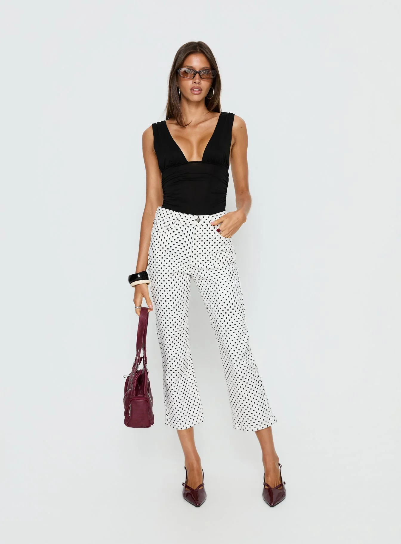 Cindee High Rise Cropped Jeans White Polka Dot