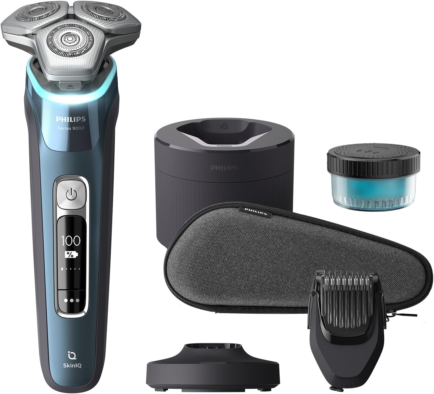 Rasoio Elettrico Serie 9000 a secco e umido, blu ghiaccio, rasatura Lift & Cut e tecnologia SkinIQ, rifinitore a scomparsa, regolabarba, base di pulizia e di ricarica (moo S9982/59)