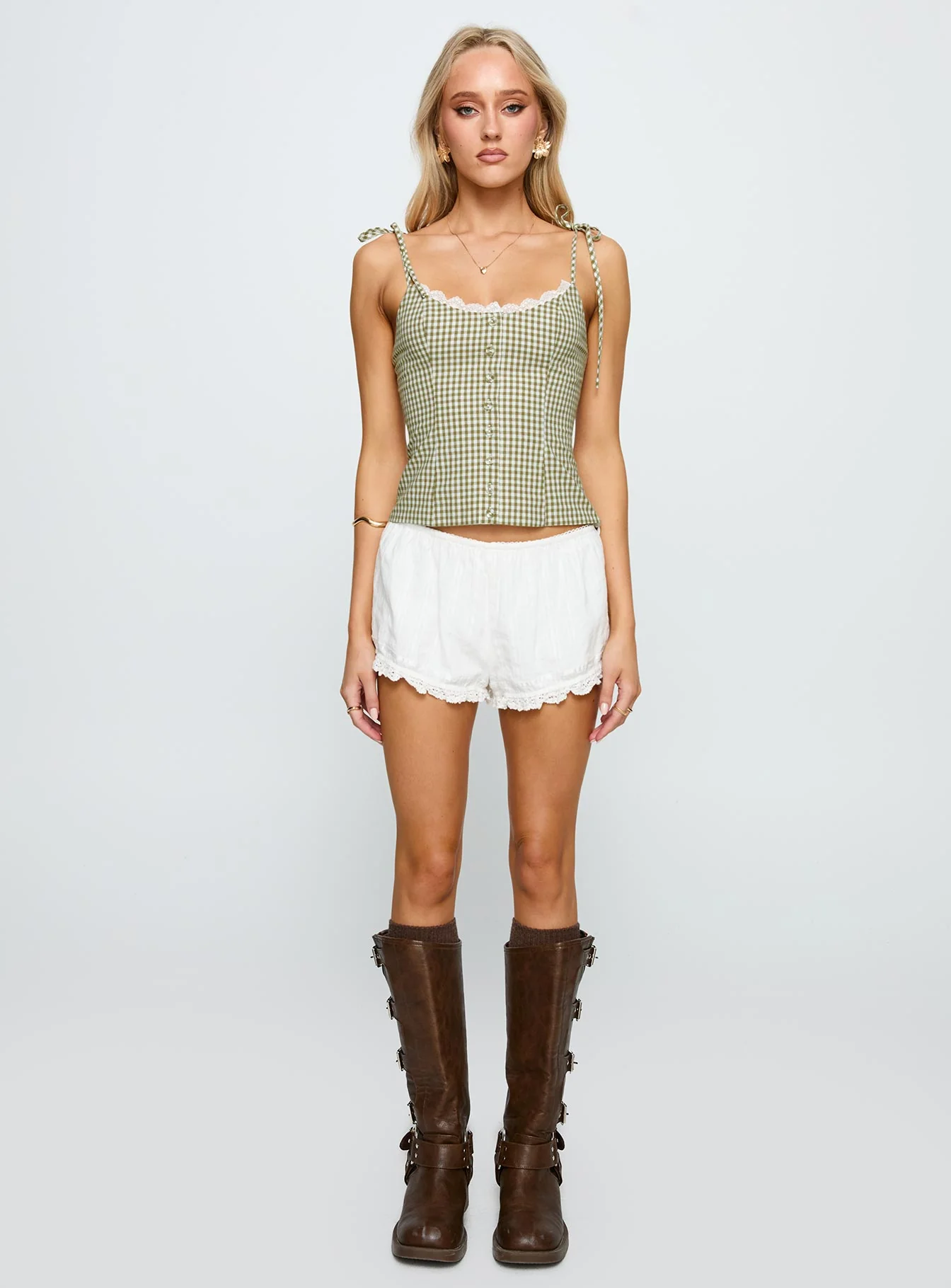 Dalanie Tie Strap Top Green Check