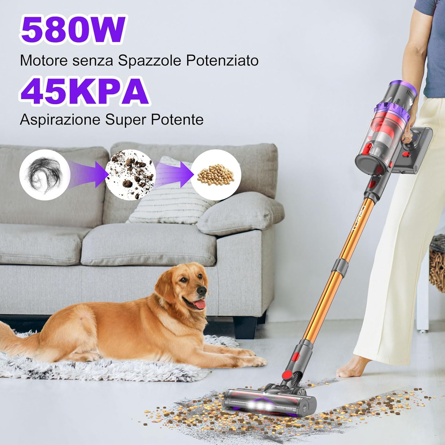 coovy 580W/45000Pa Aspirapolvere senza Fili SU7, Scopa Elettrica senza Filo Potente 70 Min Autonomia con LED Touchscreen Anti-Avvolgimento per Tappeti Pavimento Peli Animali