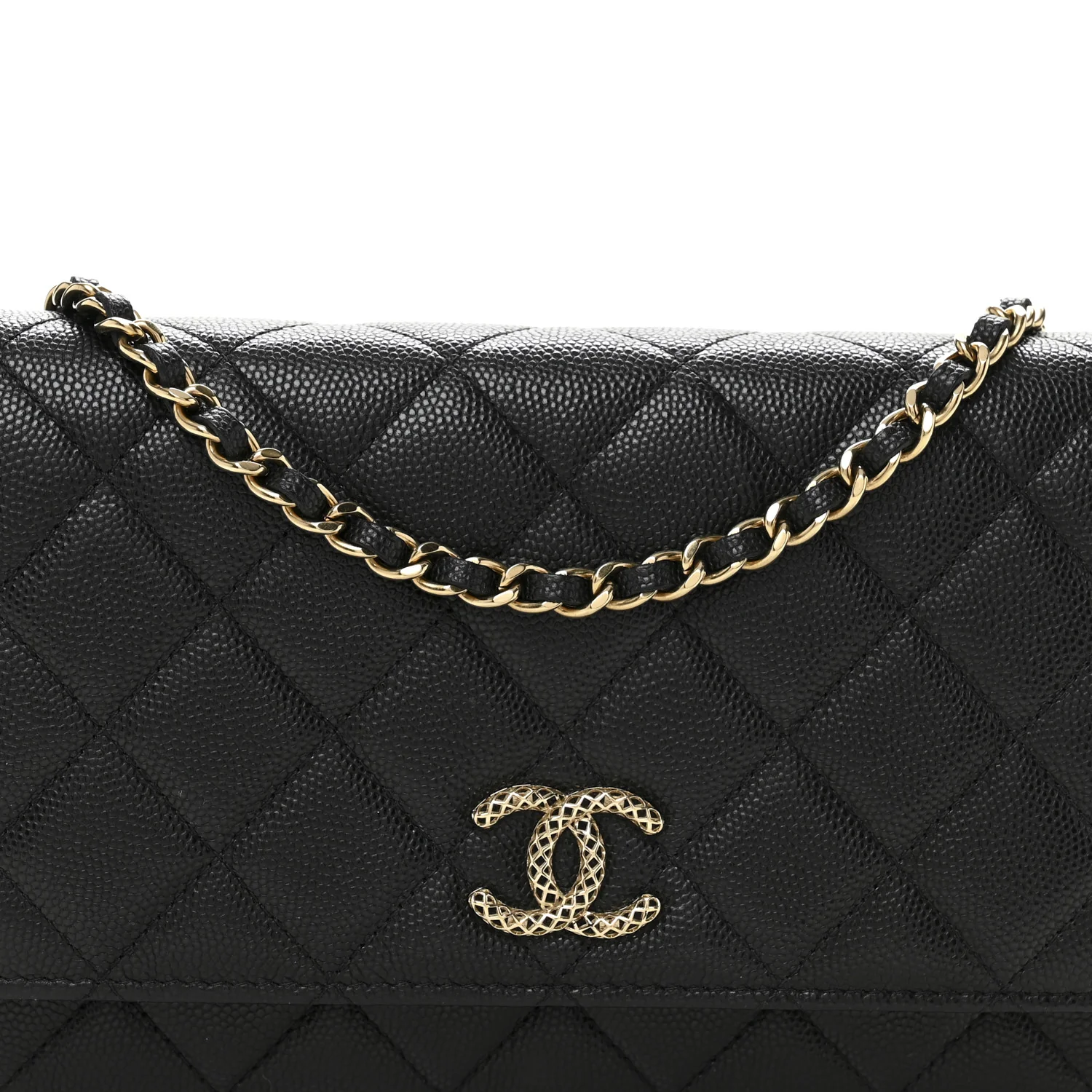 Caviar Quilted Perforated Metal CC Wallet On Chain WOC Black - Top Club