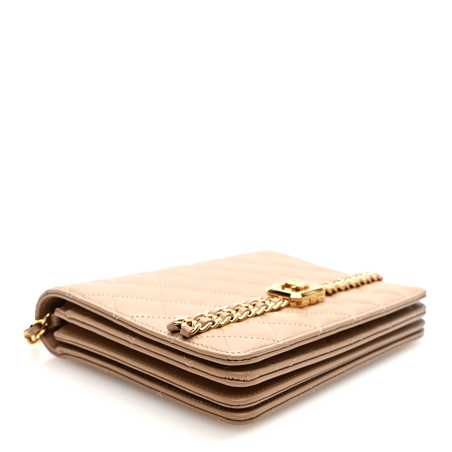 Shiny Aged Calfskin Quilted Clutch With Chain Dark Beige - Top Club