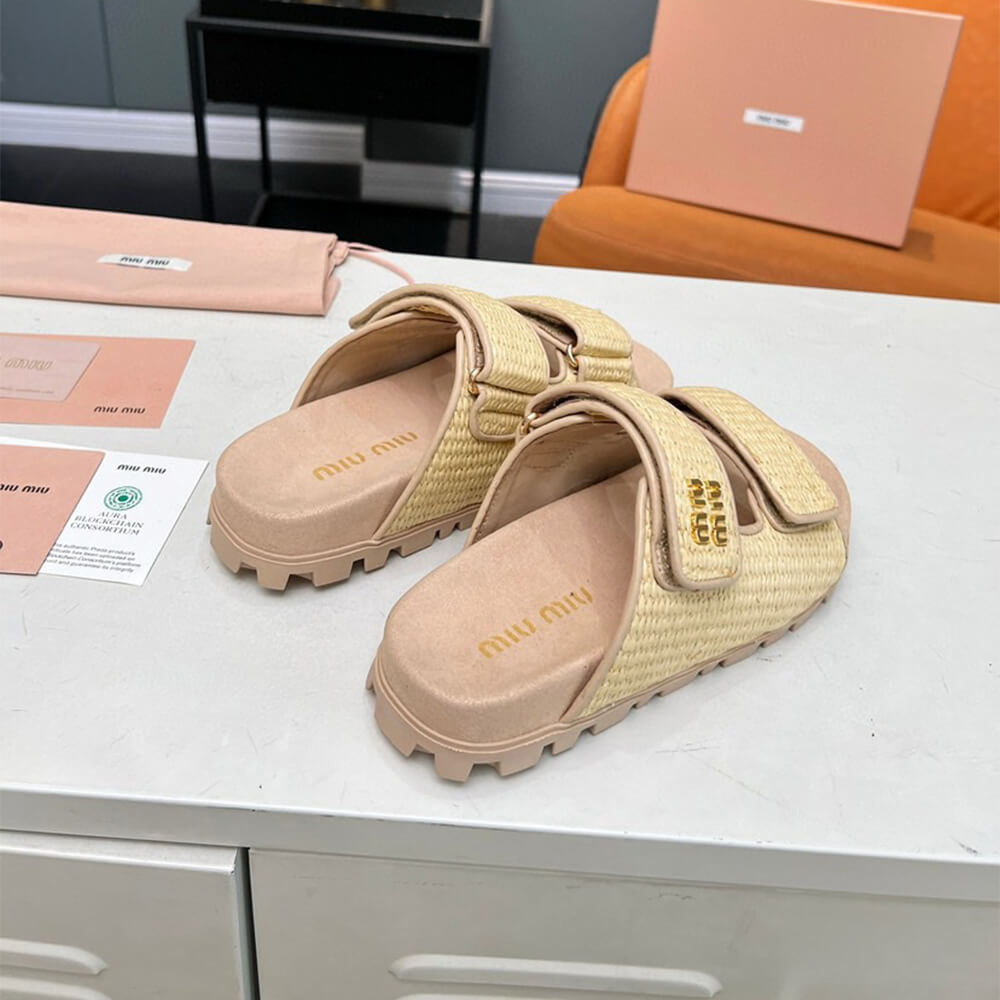 MiuMiu Raffia-effect woven fabric slides - Top Club