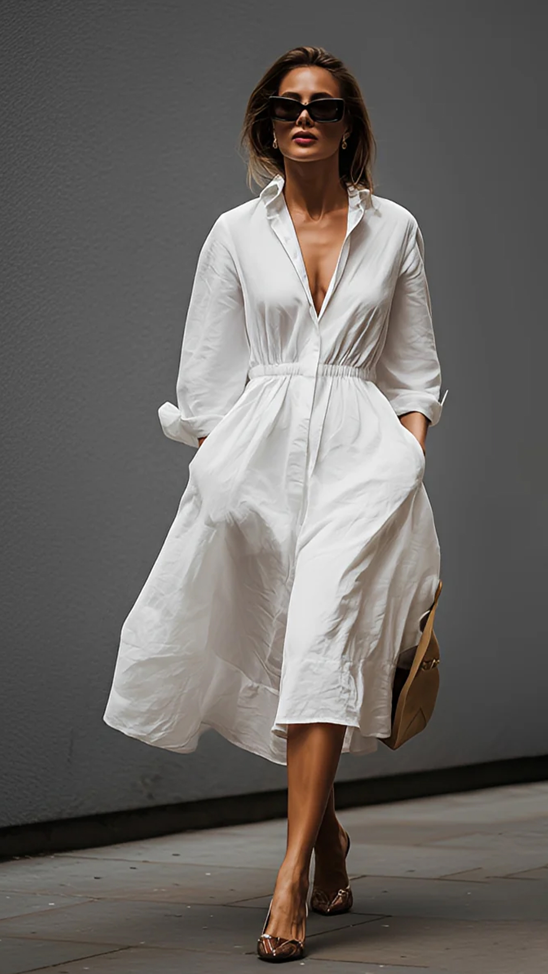 White Shirt-Collar Dress with Elastic Waist - Nordfashionstorm - Women's Clothing, Fashion for You - Nordfashionstorm.com