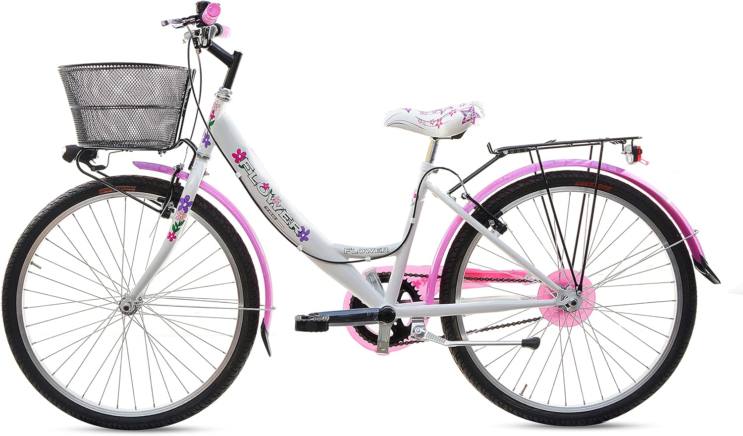 MADICKS Bicicletta Bambina Ragazza da Passeggio Misura 24 Bici con Cestino Floreale Bianco Rosa