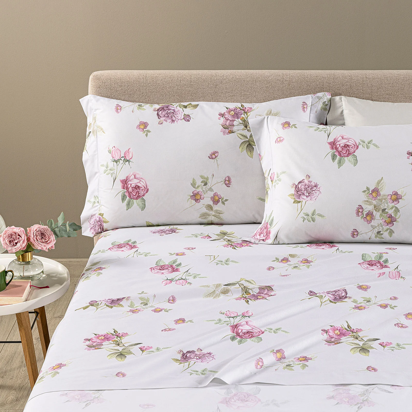 Completo Lenzuola In Cotone Giardino Romantico Matrimoniale Tortora Caleffi