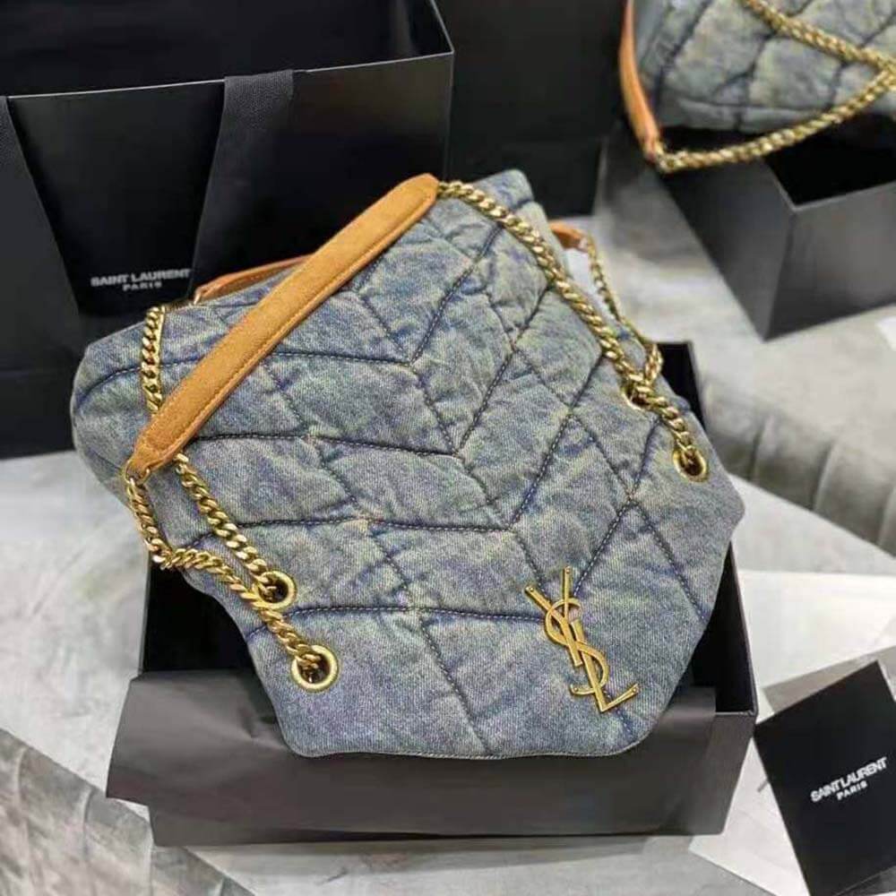 Y Puffer Small Bag in Quilted Vintage Denim and Suede - Top Club