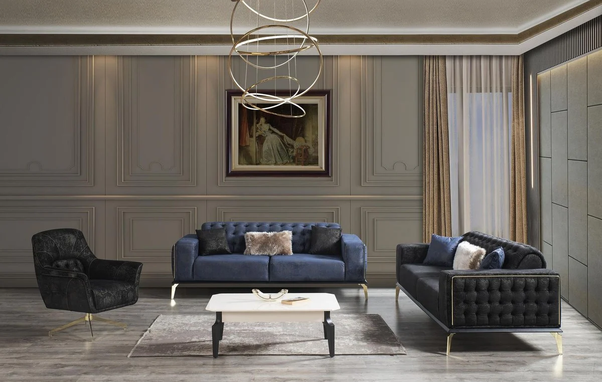 Luxury Art Deco Chesterfield Living Room Set Black / Blue / White - 2 Sofas & 2 Swivel Armchairs & 1 Coffee Table - Elegant Living Room Furniture