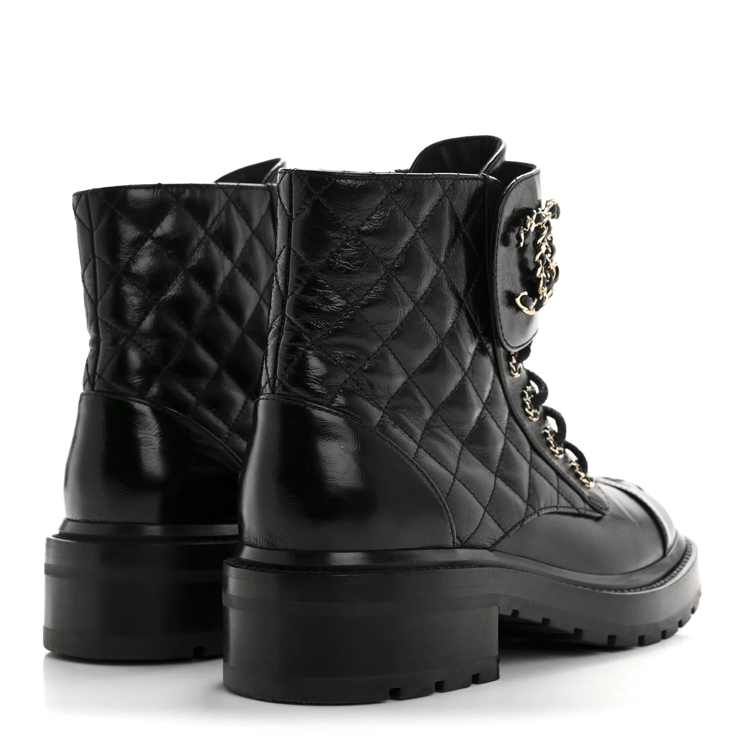 Shiny Lambskin Quilted Lace Up Combat Boots 37 Black - Top Club