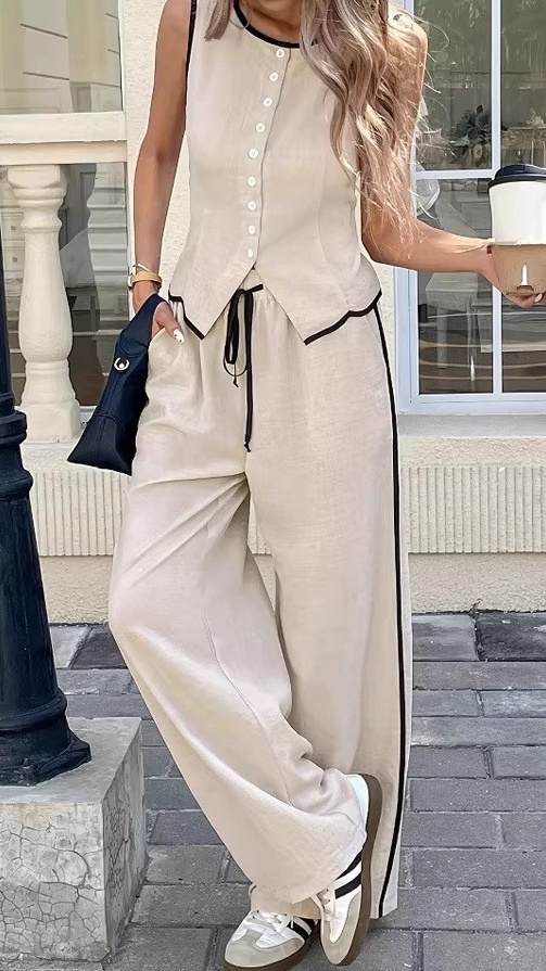 Women's Elegant Sleeveless Top and Trousers Set with Contrast Piping - Nordfashionstorm - Women's Clothing, Fashion for You - Nordfashionstorm.com