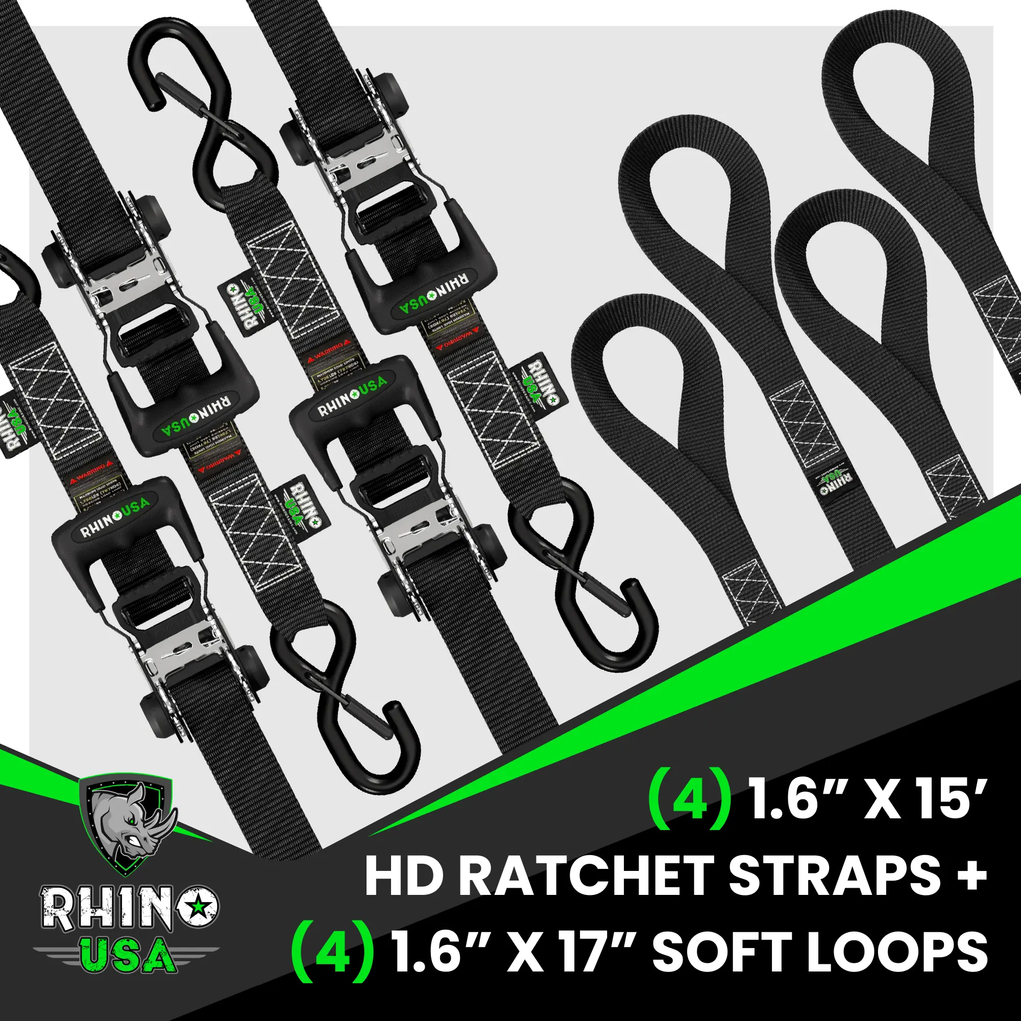Rhino USA TRADITIONAL Ratchet Straps Heavy Duty Kit - 1.6 Inch x 8ft -15ft (5,208lb Break Strength) 2-4 pack