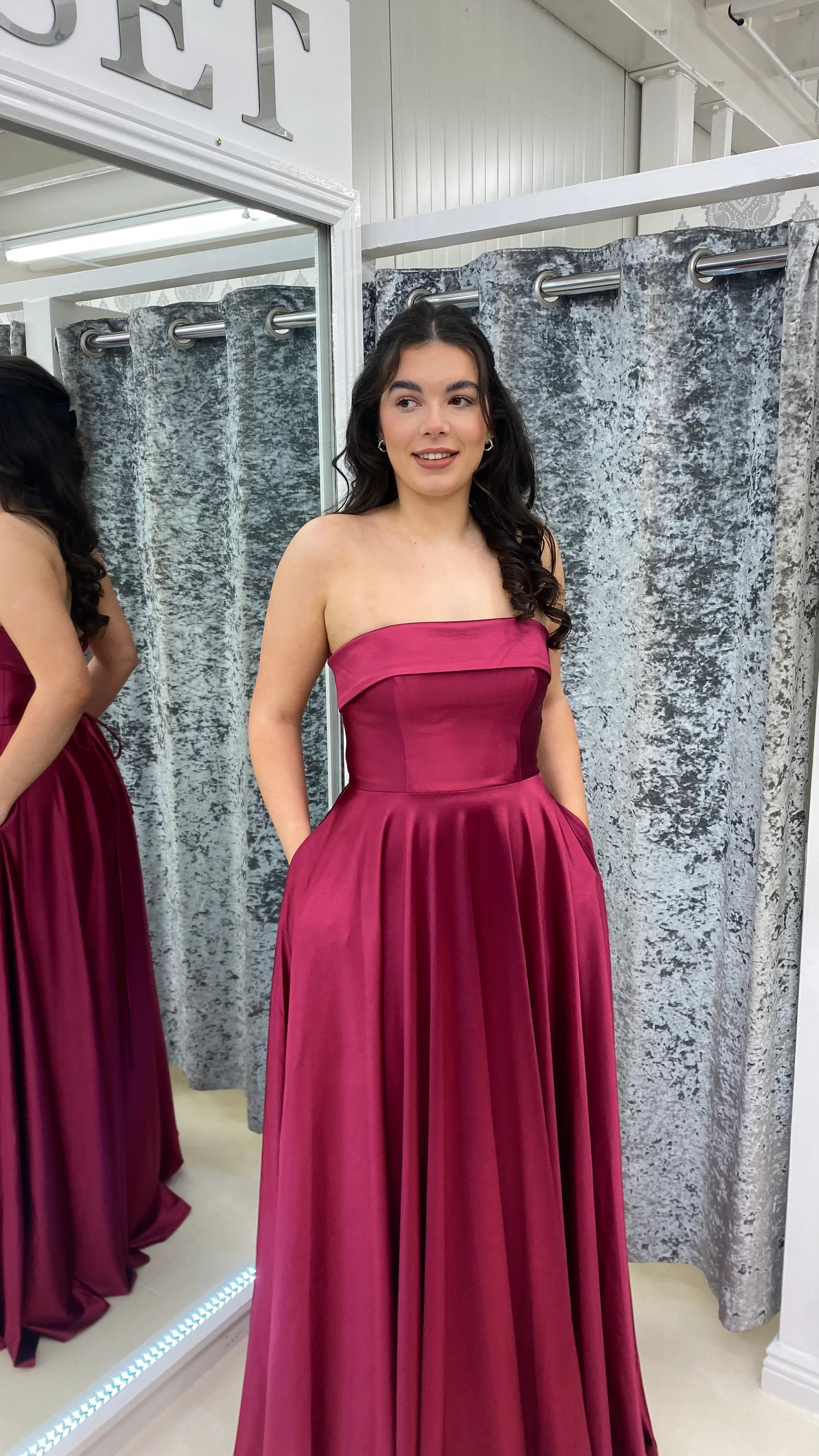 Burgundy Satin A-line Strapless Gown