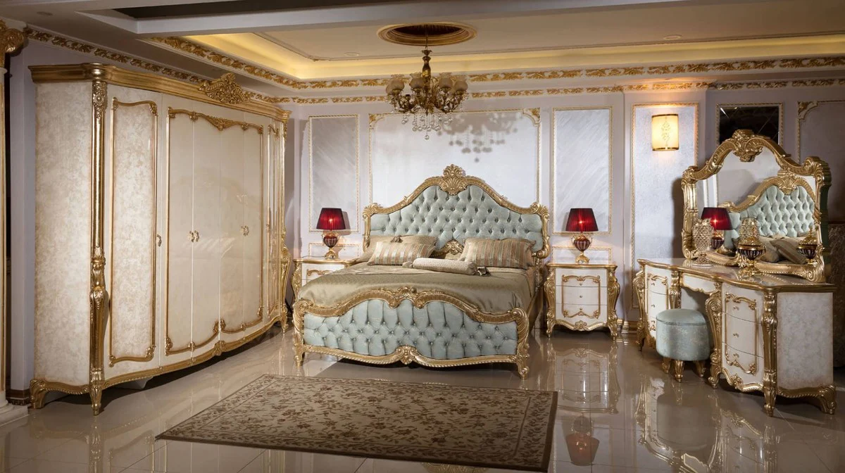 Luxury Baroque Bedroom Set White / Beige / Gold / Light Blue - 1 Baroque Dressing Table & 1 Baroque Mirror & 1 Baroque Stool - Baroque Bedroom Furniture - Noble & Magnificent