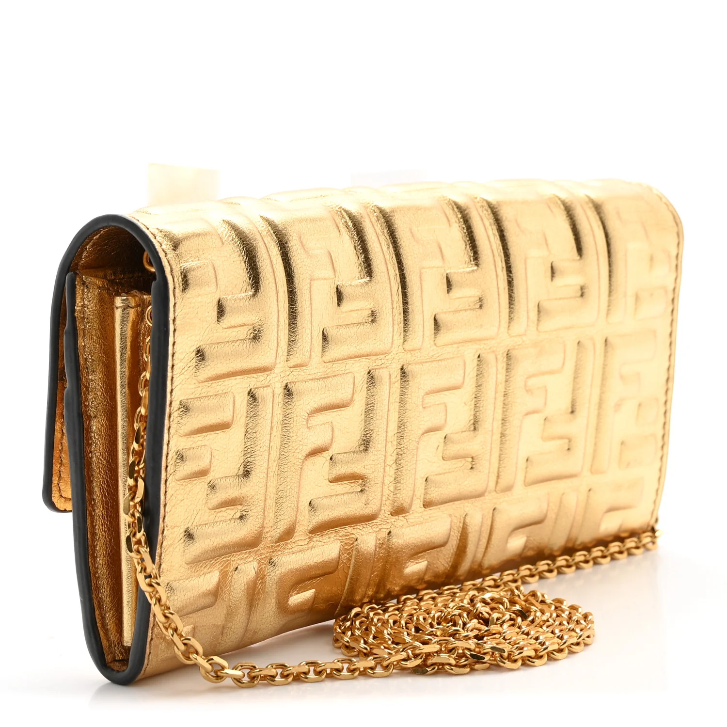 Vitello Catalan Mirror FF 1974 Embossed Continental Wallet on Chain Gold