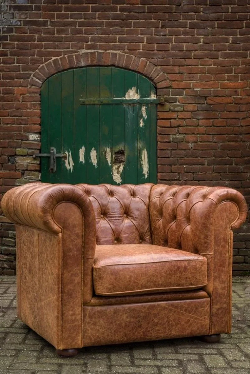 Luxury Chesterfield leather armchair vintage brown / dark brown 105 x 95 x H. 80 cm - Chesterfield real leather living room armchair - Chesterfield furniture - real leather furniture - luxury furniture
