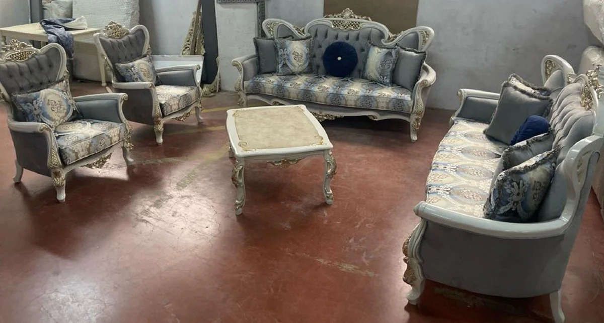 Luxury Baroque Living Room Set Gray / Multicolored / White / Gold - 2 Baroque Sofas & 2 Baroque Armchairs & 1 Baroque Coffee Table - Handmade Baroque Living Room Furniture - Noble & Magnificent