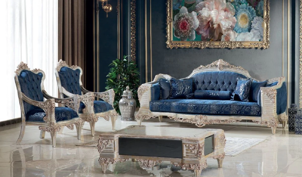 Luxury Baroque Living Room Set Blue / Cream / Copper / Gold - 2 Sofas & 2 Armchairs & 1 Coffee Table - Handmade Living Room Furniture in Baroque Style - Noble & Magnificent