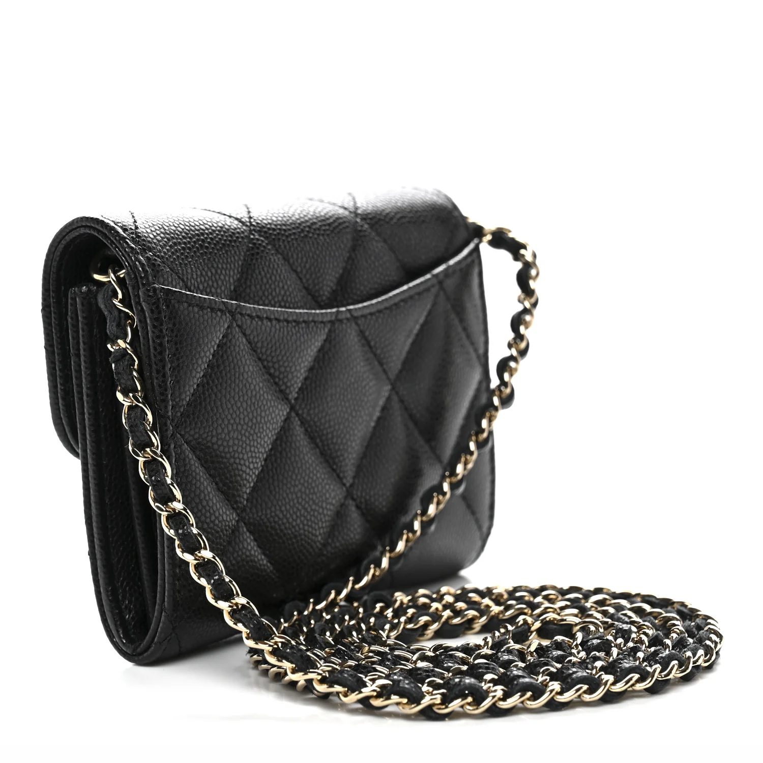Caviar Quilted Flap Card Holder On Chain Black - Top Club