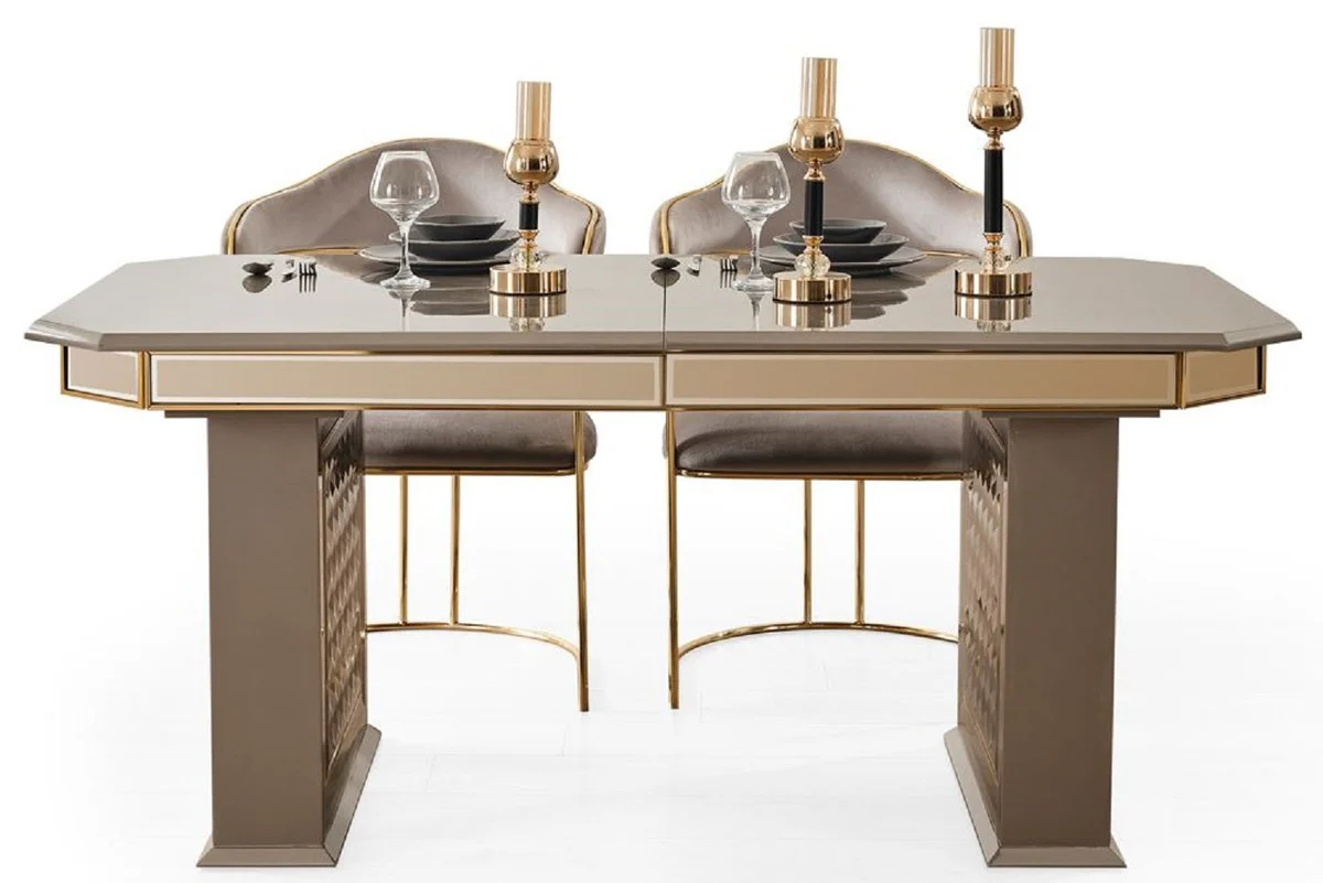 Luxury Art Deco Dining Room Set Gray / Gold - 1 Extendable Dining Table & 6 Dining Chairs with Armrests - Dining Room Furniture - Art Deco Furniture - Luxury Furniture - Art Deco Furnishings