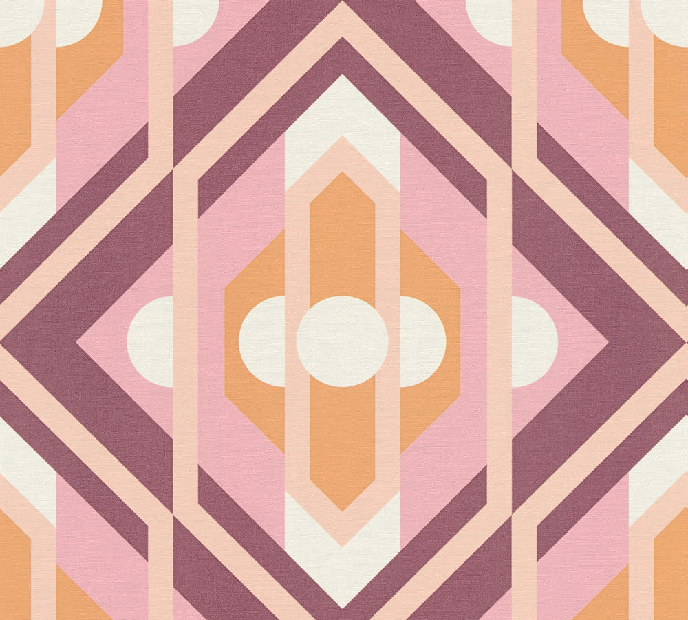 Vliesbehang met geometrische ornamenten in retrostijl - oranje, roze, wit #1