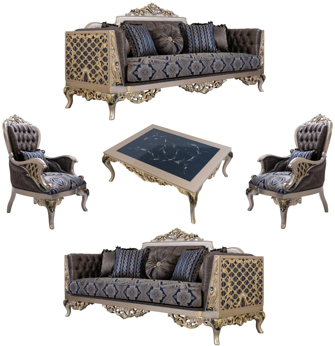 Luxury Baroque Living Room Set Blue / Silver / Gold - 2 Sofas & 2 Armchairs & 1 Coffee Table - Magnificent Baroque Living Room Furniture