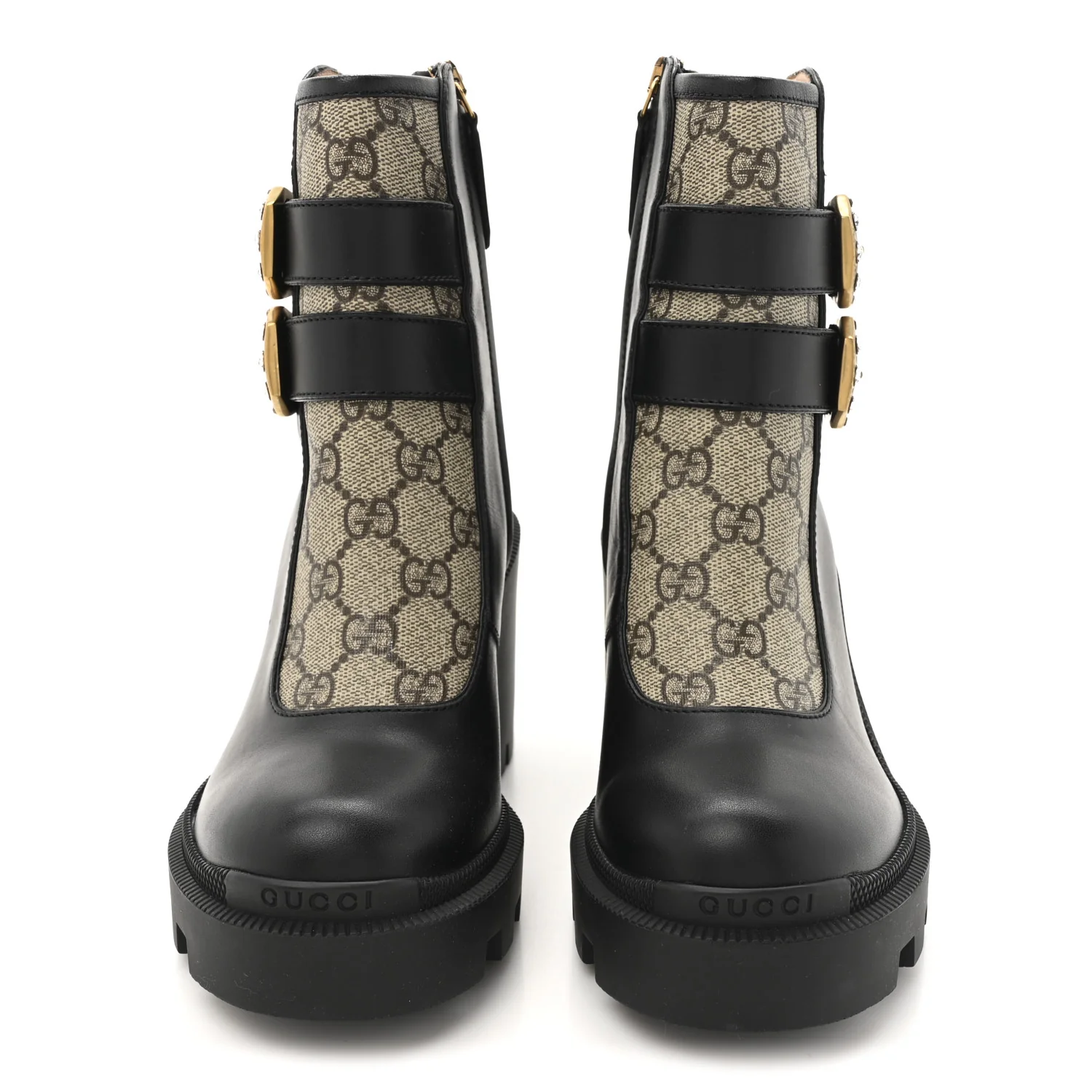 Kensington Calfskin Nappa GG Supreme Monogram Womens Double Buckle Ankle Boots 35 Black - Top Club