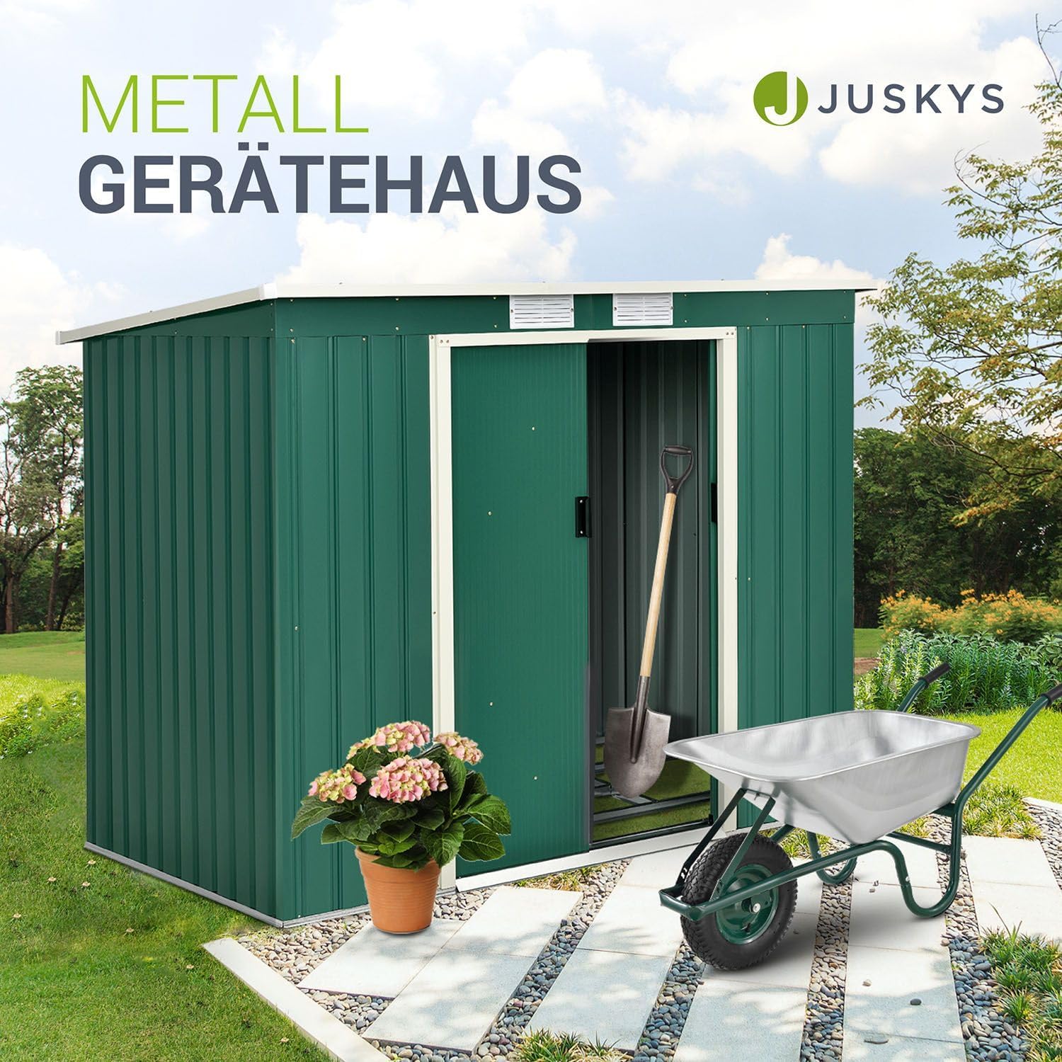 Juskys Casetta per attrezzi M in metallo 4 m³ con tetto a uno spiovente, porta scorrevole e fondamenta - 213 × 130 × 173 cm - verde - Capanno per attrezzi in acciaio Casetta da giardino