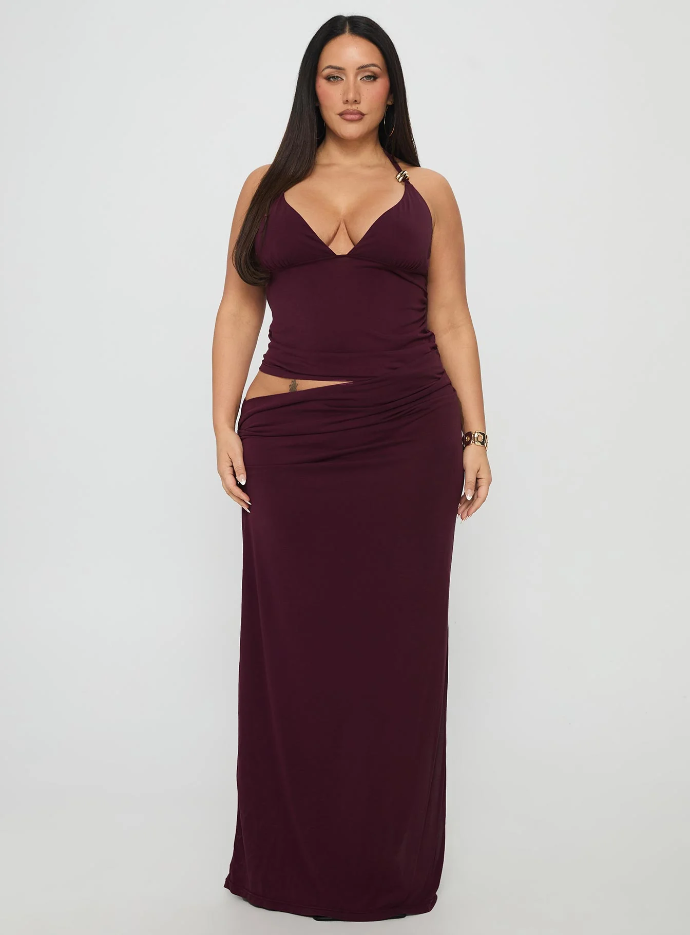 Imeraldia Hardware Halter Maxi Dress Currant Curve