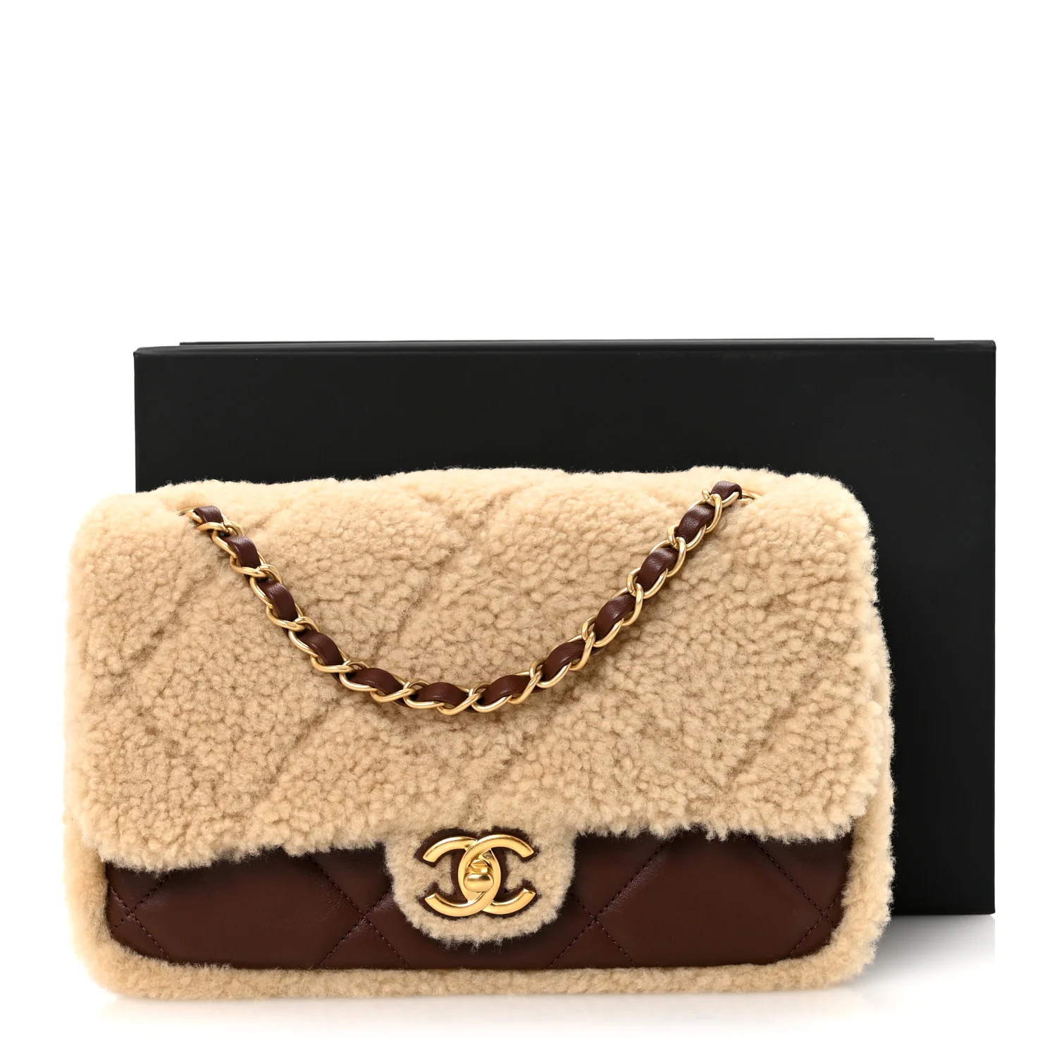 Shearling Lambskin Quilted Furry Coco Flap Dark Brown Beige - Top Club