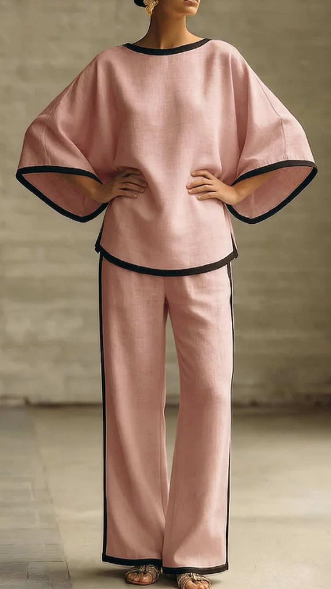 Women's Cotton-Blend Off-White Trimmed Loose Top & Wide-Leg Pants Set - Nordfashionstorm - Women's Clothing, Fashion for You - Nordfashionstorm.com