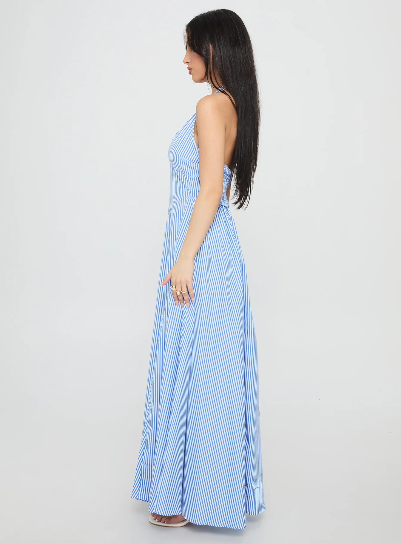Ivie Halter Plunge Maxi Dress Blue Stripe