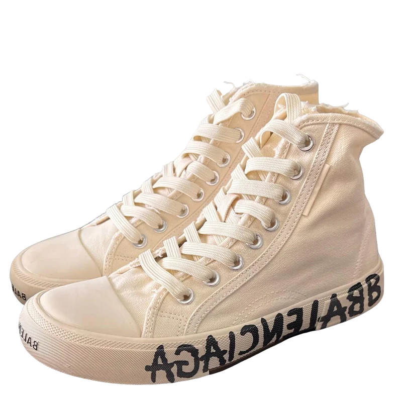 Balenciaga Unisex Beige High-Top Canvas Sneakers with Brand Logo Sole for Elevated Street Luxury - Sneaker Replica Workshop